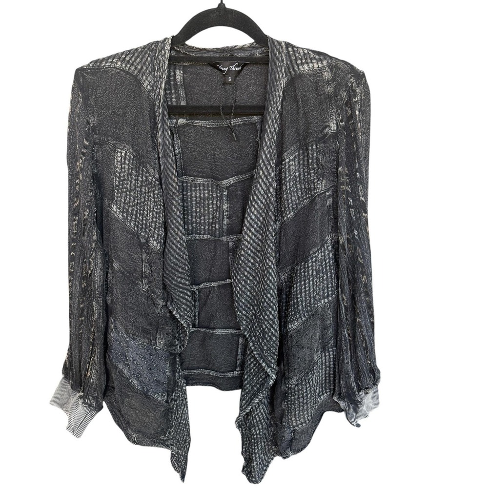 Young Threads Blouse Women Small Gray Patchwork Sheer Open Front Kimono Top Goth